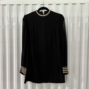 Vintage 1960s/1970s Sheer Sleeve Swing Dress with Gold Detailing Cuffs/Collar